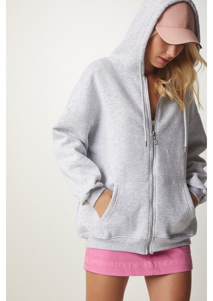 Kapüşonlu Fermuarlı Oversize Sweatshirt LUB0002 GRİ indirimleri