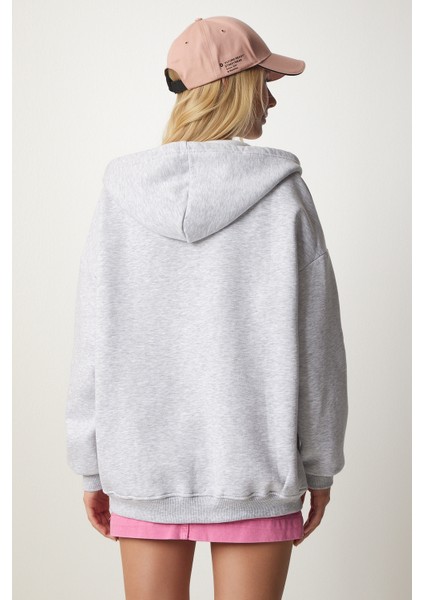 Kapüşonlu Fermuarlı Oversize Sweatshirt LUB0002 GRİ