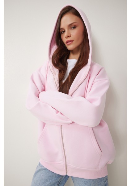 Kapüşonlu Fermuarlı Oversize Sweatshirt LUB0002 ŞEKER PEMBE