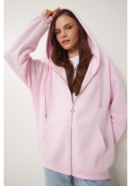 Kapüşonlu Fermuarlı Oversize Sweatshirt LUB0002 ŞEKER PEMBE fiyatları