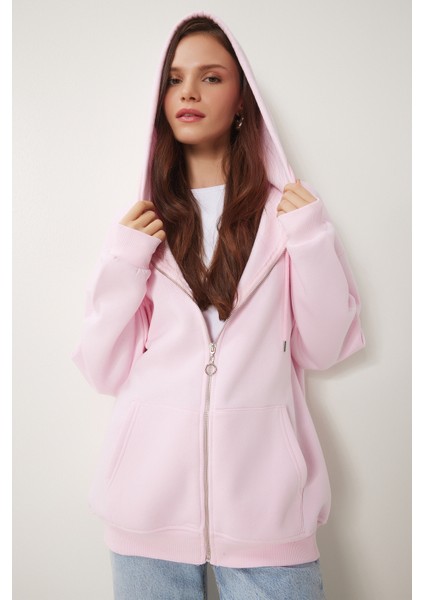 Kapüşonlu Fermuarlı Oversize Sweatshirt LUB0002 ŞEKER PEMBE modelleri