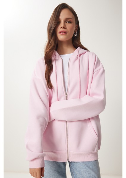 Kapüşonlu Fermuarlı Oversize Sweatshirt LUB0002 ŞEKER PEMBE fırsatları