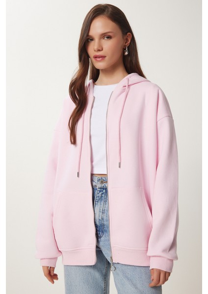 Kapüşonlu Fermuarlı Oversize Sweatshirt LUB0002 ŞEKER PEMBE indirimleri