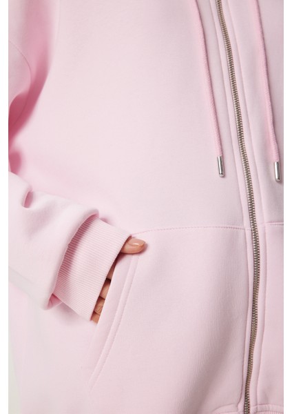 Kapüşonlu Fermuarlı Oversize Sweatshirt LUB0002 ŞEKER PEMBE