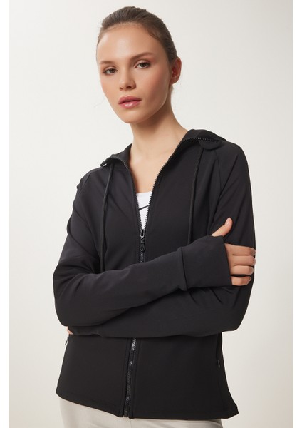 Parmak Detaylı Kapüşonlu Fermuarlı Örme Sweatshirt