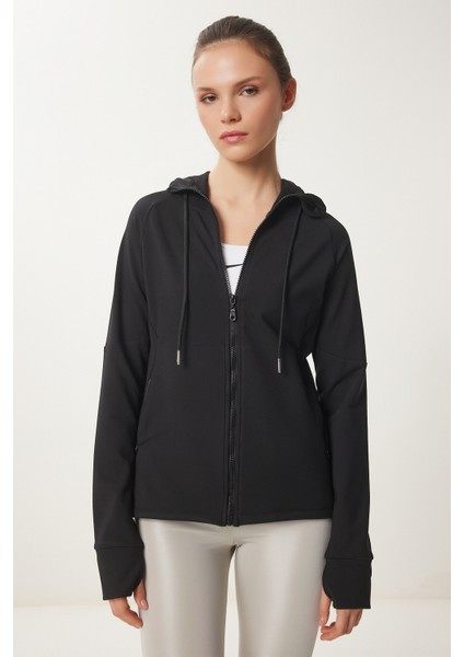 Parmak Detaylı Kapüşonlu Fermuarlı Örme Sweatshirt