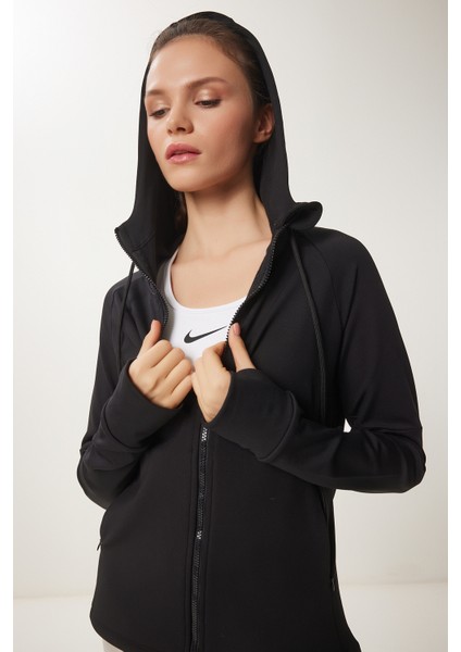 Parmak Detaylı Kapüşonlu Fermuarlı Örme Sweatshirt