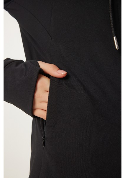 Parmak Detaylı Kapüşonlu Fermuarlı Örme Sweatshirt