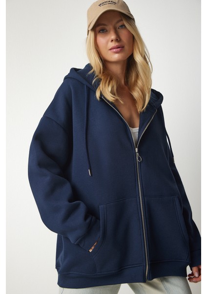 Kapüşonlu Fermuarlı Oversize Sweatshirt LUB0002 LACİVERT