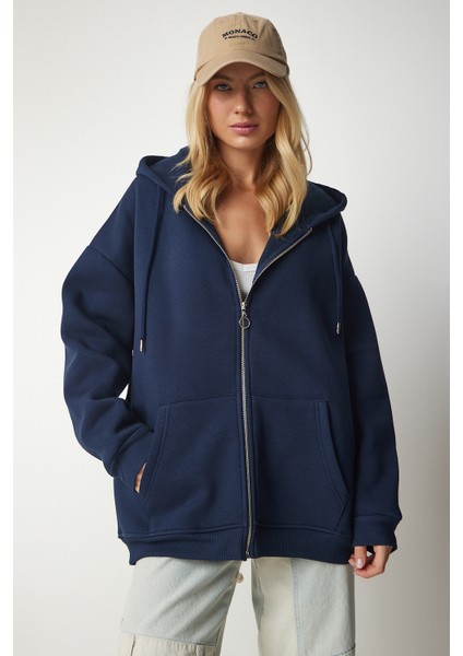 Kapüşonlu Fermuarlı Oversize Sweatshirt LUB0002 LACİVERT modelleri