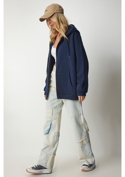 Kapüşonlu Fermuarlı Oversize Sweatshirt LUB0002 LACİVERT