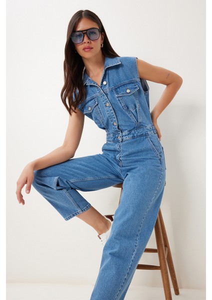 Kapaklı Cepli Denim Tulum