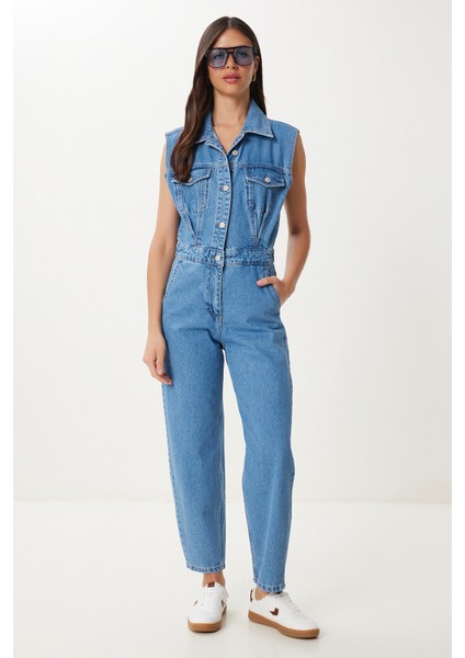 Kapaklı Cepli Denim Tulum
