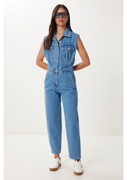 Kapaklı Cepli Denim Tulum