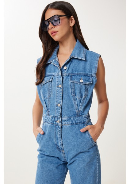 Kapaklı Cepli Denim Tulum