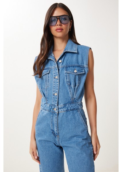 Kapaklı Cepli Denim Tulum