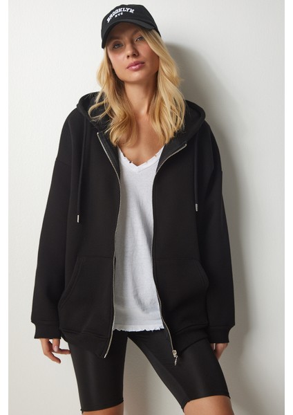 Kapüşonlu Fermuarlı Oversize Sweatshirt LUB0002 SİYAH fiyatları