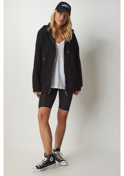 Kapüşonlu Fermuarlı Oversize Sweatshirt LUB0002 SİYAH modelleri