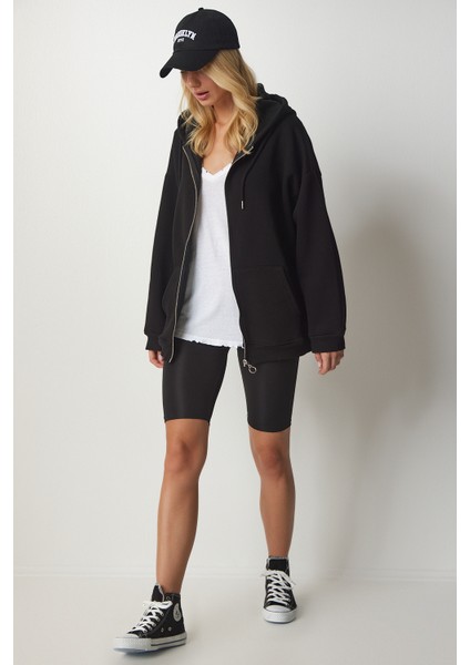 Kapüşonlu Fermuarlı Oversize Sweatshirt LUB0002 SİYAH fırsatları