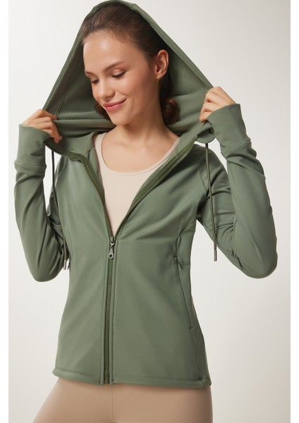 Parmak Detaylı Kapüşonlu Fermuarlı Örme Sweatshirt