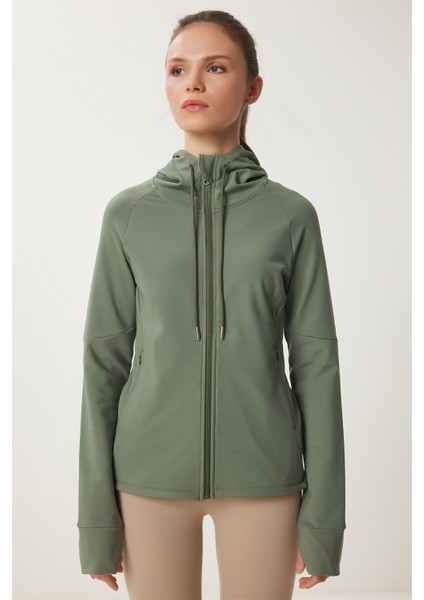 Parmak Detaylı Kapüşonlu Fermuarlı Örme Sweatshirt