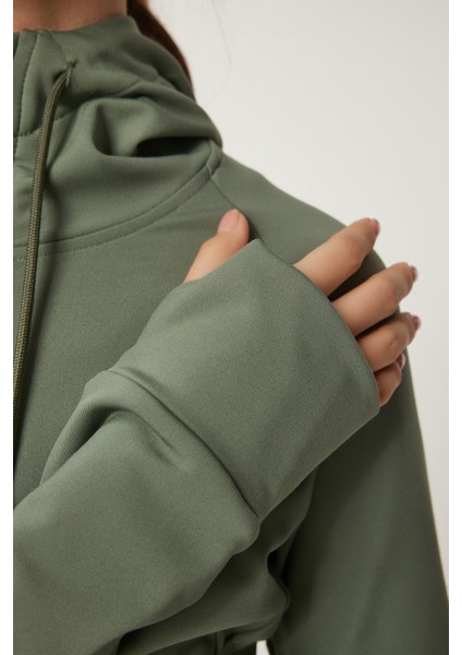 Parmak Detaylı Kapüşonlu Fermuarlı Örme Sweatshirt