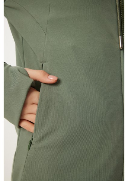 Parmak Detaylı Kapüşonlu Fermuarlı Örme Sweatshirt
