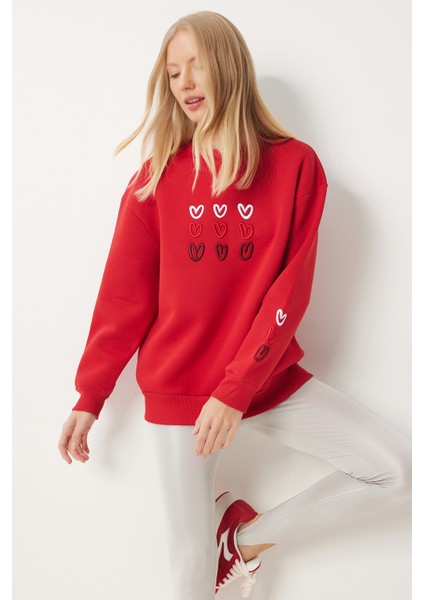 Kalp Nakışlı Şardonlu Sweatshirt LOW0018 KIRMIZI modelleri