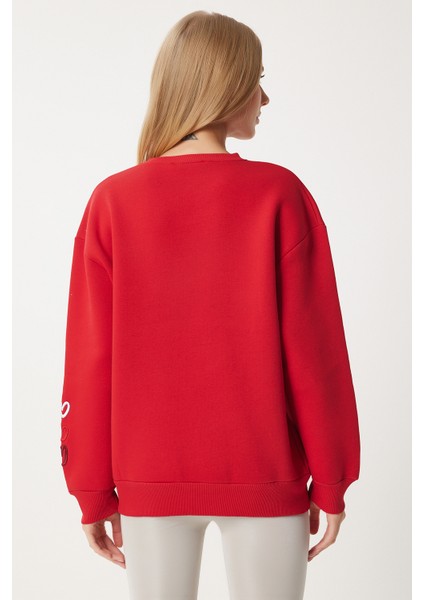 Kalp Nakışlı Şardonlu Sweatshirt LOW0018 KIRMIZI
