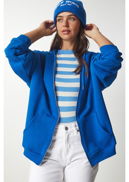 Kapüşonlu Fermuarlı Oversize Sweatshirt LUB0002 MAVİ fiyatları