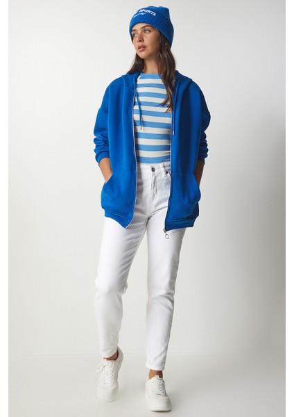 Kapüşonlu Fermuarlı Oversize Sweatshirt LUB0002 MAVİ fırsatları