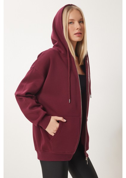 Kapüşonlu Fermuarlı Oversize Sweatshirt LUB0002 BORDO