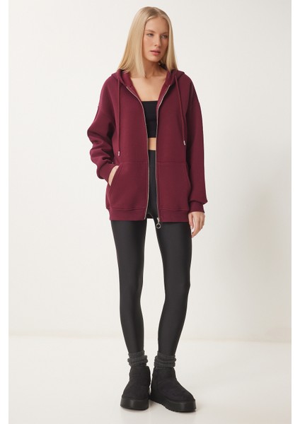 Kapüşonlu Fermuarlı Oversize Sweatshirt LUB0002 BORDO modelleri