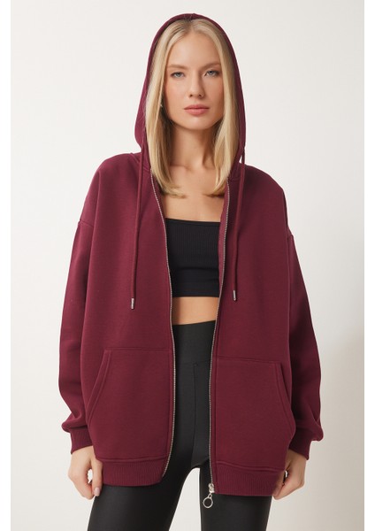 Kapüşonlu Fermuarlı Oversize Sweatshirt LUB0002 BORDO fırsatları