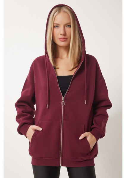 Kapüşonlu Fermuarlı Oversize Sweatshirt LUB0002 BORDO indirimleri