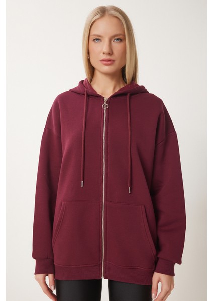 Kapüşonlu Fermuarlı Oversize Sweatshirt LUB0002 BORDO
