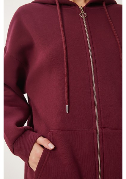 Kapüşonlu Fermuarlı Oversize Sweatshirt LUB0002 BORDO