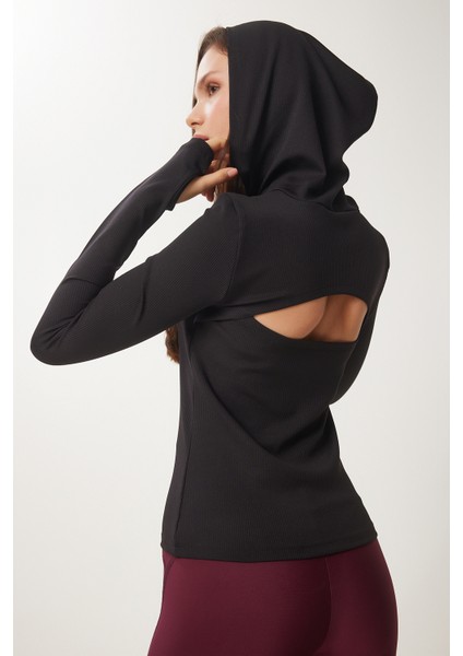Parmak ve Sırt Cut Out Detaylı Kapüşonlu Örme Sweatshirt