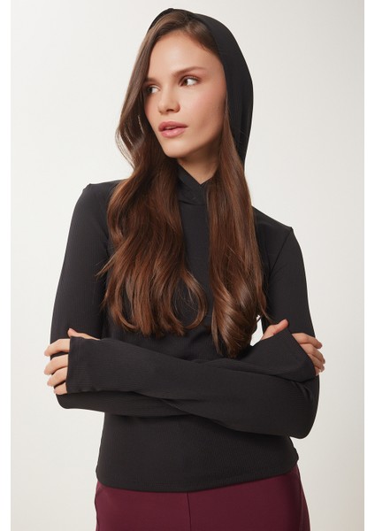 Parmak ve Sırt Cut Out Detaylı Kapüşonlu Örme Sweatshirt