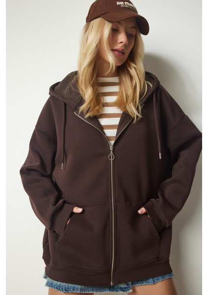 Kapüşonlu Fermuarlı Oversize Sweatshirt LUB0002 KAHVERENGİ