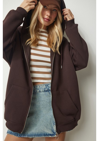 Kapüşonlu Fermuarlı Oversize Sweatshirt LUB0002 KAHVERENGİ fiyatları
