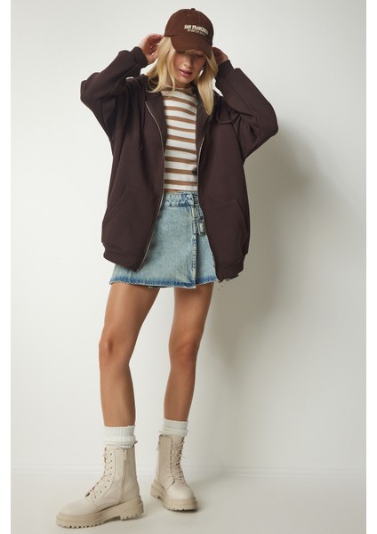 Kapüşonlu Fermuarlı Oversize Sweatshirt LUB0002 KAHVERENGİ modelleri