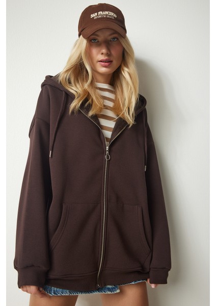 Kapüşonlu Fermuarlı Oversize Sweatshirt LUB0002 KAHVERENGİ fırsatları