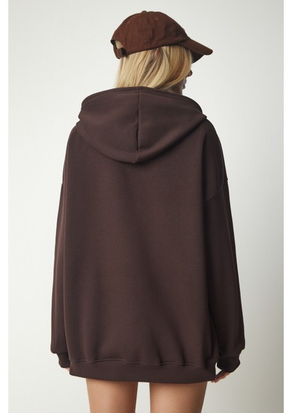 Kapüşonlu Fermuarlı Oversize Sweatshirt LUB0002 KAHVERENGİ