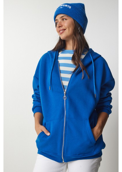 Kapüşonlu Fermuarlı Oversize Sweatshirt LUB0002 MAVİ