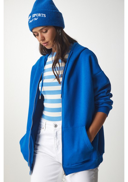 Kapüşonlu Fermuarlı Oversize Sweatshirt LUB0002 MAVİ modelleri