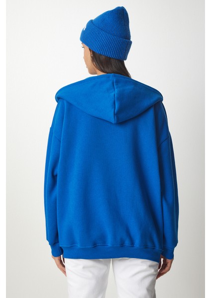 Kapüşonlu Fermuarlı Oversize Sweatshirt LUB0002 MAVİ