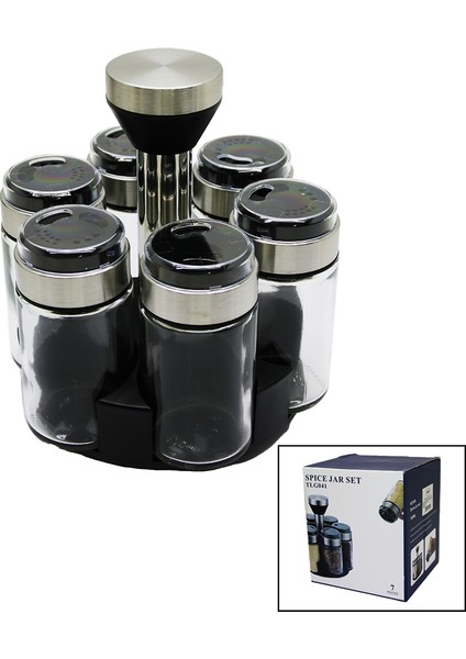 6 Parça Yuvarlak Cam - Krom Kaplı Kapak Tuzluk - Baharatlık Döner Standlı (4767) - MCT6362-7966