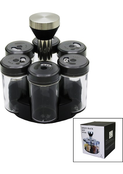 6 Parça Yuvarlak Cam - Plastik Kapak Tuluk - Baharatlık Döner Standlı (4767) - MCT5427-2221