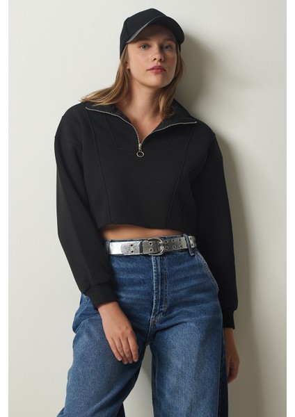 Fermuarlı Şardonlu Crop Örme Sweatshirt LHF0011 SİYAH